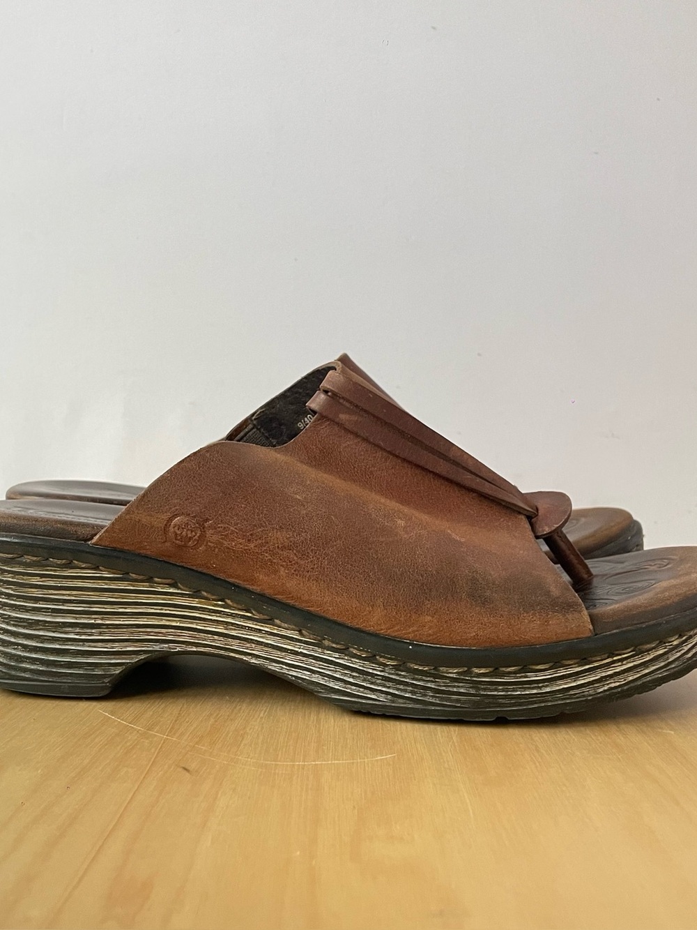 Born Hanita Brown Leather Wedge Slide Sandals | US 9
